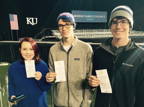 Free State alumni and KU sophomores (from left) Elizabeth Bergee, Patrick Liston and Brian Morris stand with their tickets for President Barack Obama's speech. Obama spoke at KU in Anschutz Sports Pavilion on Jan. 22. “The most memorable part of the speech for me was probably when he was talking about the free community college because that impacts the whole university and will be a huge impact on the economy in the future,” Morris said.