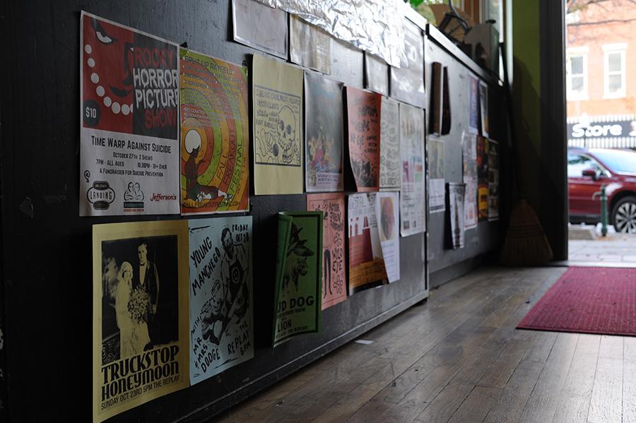 Fliers for local acts, events, and shows decorate the surfaces of local businesses.