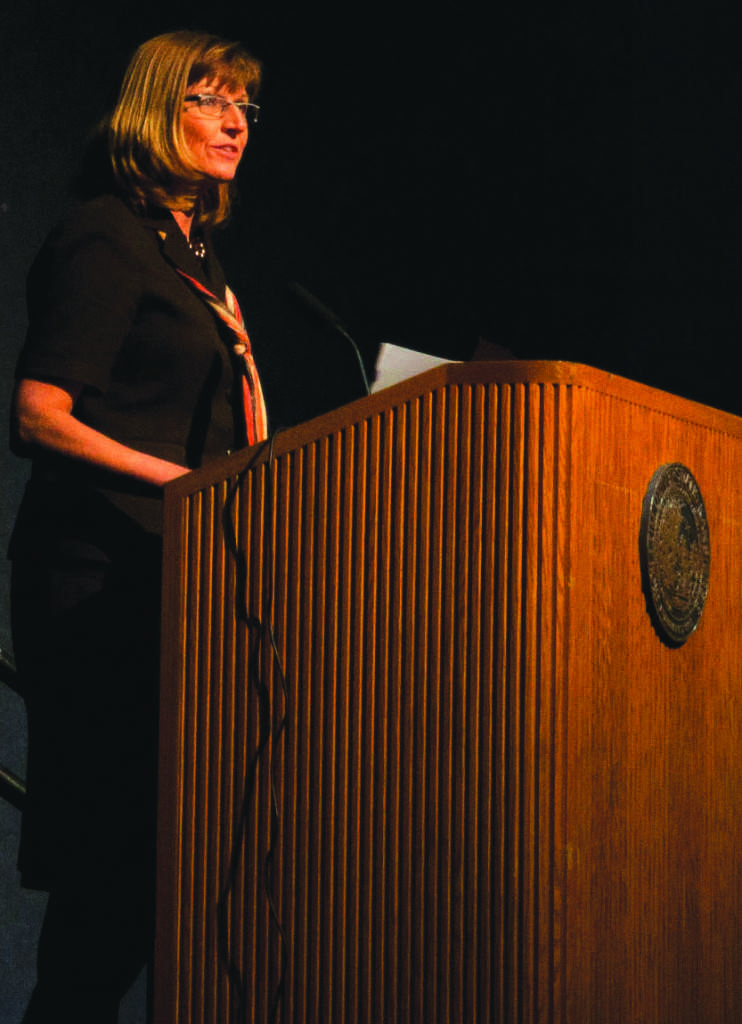 Jana Mackeys mother, Christie Brungardt, speaks at the lecture held on October 24. 