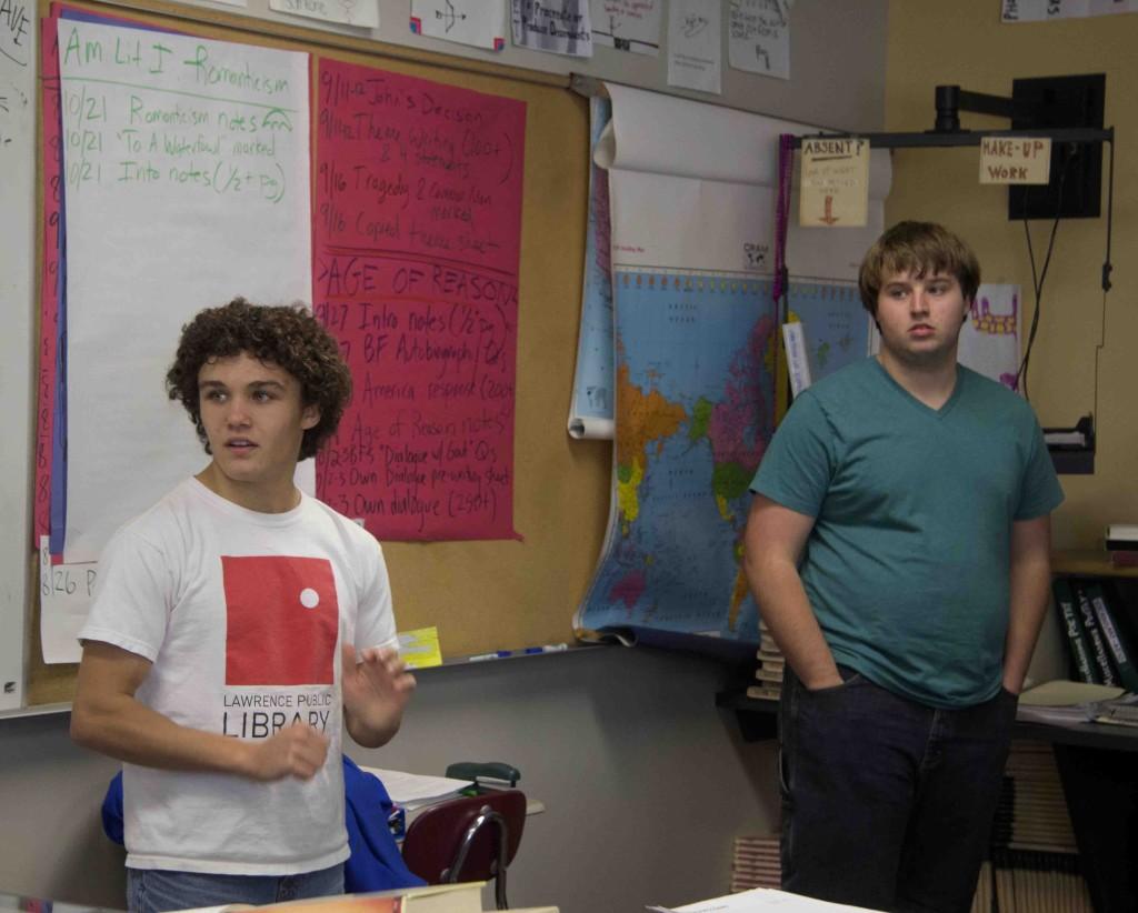 Secular Alliance Club officers juniors Kenneth Palmer and Brendan Phillips lead group discussion during a Secular Alliance Club meeting. The club meets in Room 144 after school on Mondays.