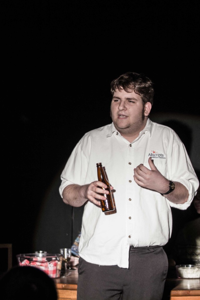 Senior Chris Hatfield plays an alcoholic father in the student written play Seamless.