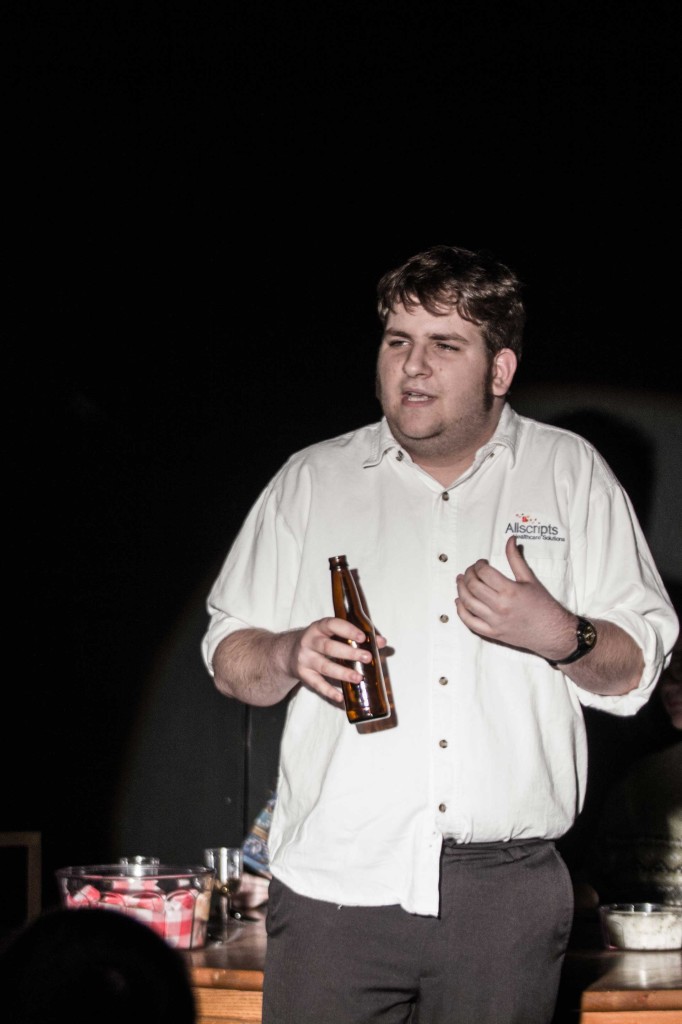 Senior Chris Hatfield plays an alcoholic father in the student written play "Seamless."
