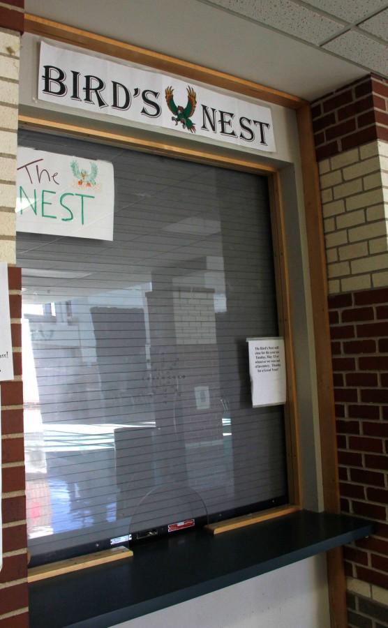 With the shutter drawn, the Birds Nest sits desolate. The Birds Nest is closed until further notice because it may compete with the schools food service profit.