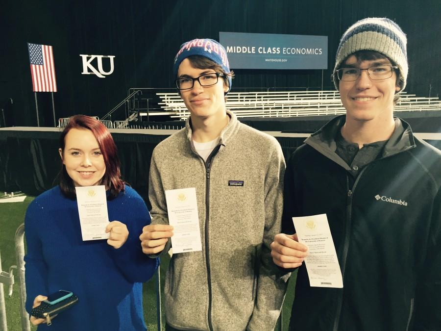 Free State alumni and KU sophomores (from left) Elizabeth Bergee, Patrick Liston and Brian Morris stand with their tickets for President Barack Obamas speech. Obama spoke at KU in Anschutz Sports Pavilion on Jan. 22.