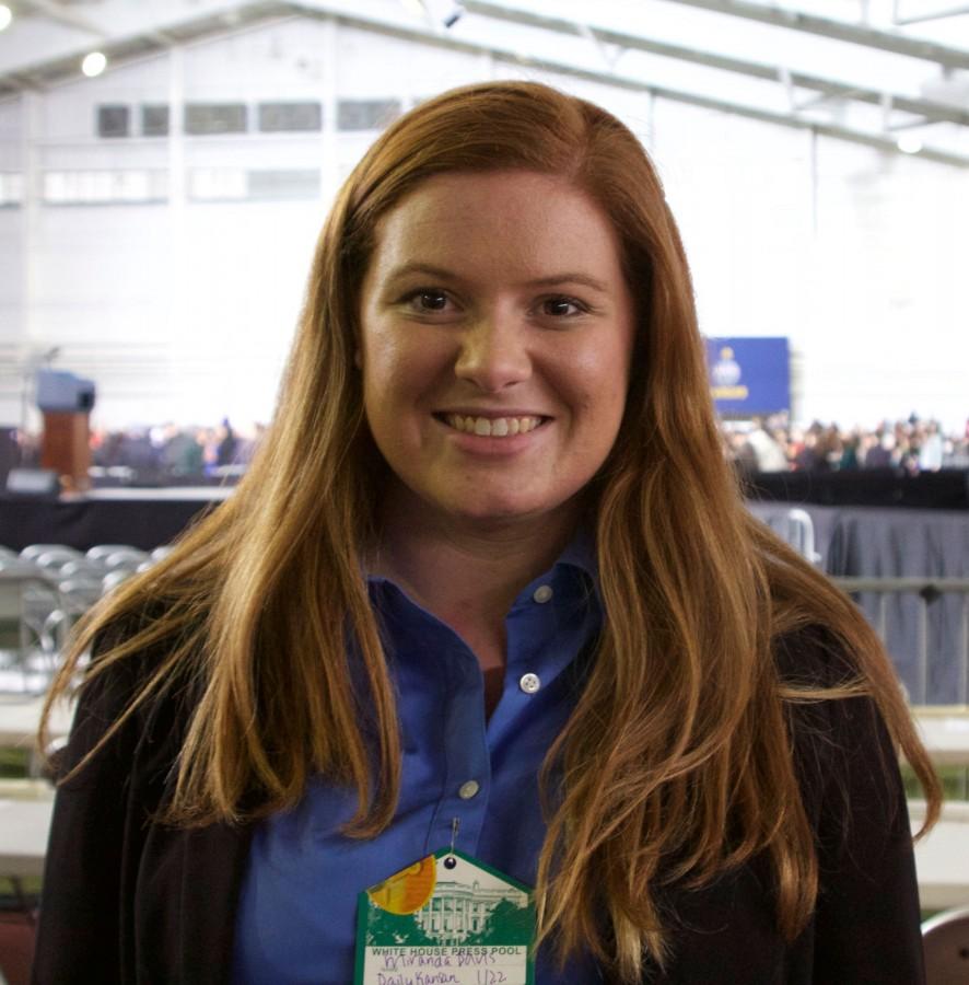 KU junior Miranda Davis smiles after a long day covering President Barack Obamas speech at KU. Davis is the News Editor for the Daily Kansan and was in charge of four staff members covering the event. Obama spoke in Anschutz Sports Pavilion on Jan. 22.