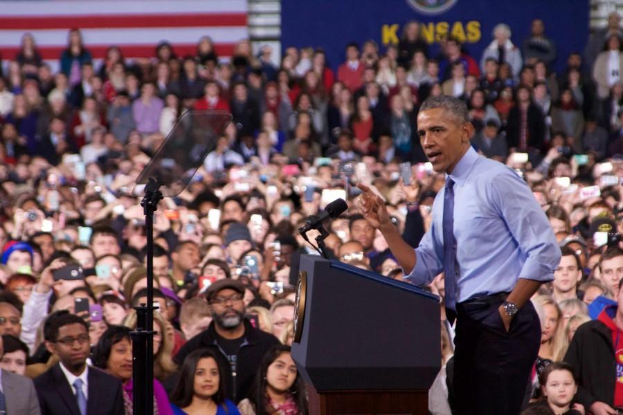 President Barack Obama addresses the audience. Obama spoke at the University of Kansas in Anschutz Sports Pavilion on Jan. 22.