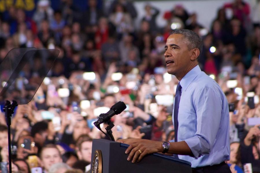 Looking out into a sea of smartphone cameras, President Barack Obama addresses a crowd of about 7,150 at Anschutz Sports Pavilion on KU Campus on Jan. 22. Obama’s speech reiterated and expanded on several topics mentioned in his recent State of the Union: child care, community college and middle class economics. “I’m a Kansas guy,” Obama said.