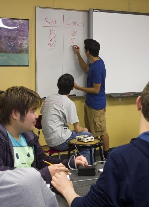 Writing the number of points earned by each team, sophomore Sayuz Thapa keeps track of the scores during a Scholars Bowl meeting. The group of students are coached by Oather Strawderman, one of Free State's science teachers. "I really enjoy going to different Scholars Bowl tournaments and meeting new people," Thapa said.
