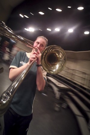 Senior Eliza Anderson plays her trombone at a jazz band practice. This year, Dr. Albert Miller took over as the new jazz band director.