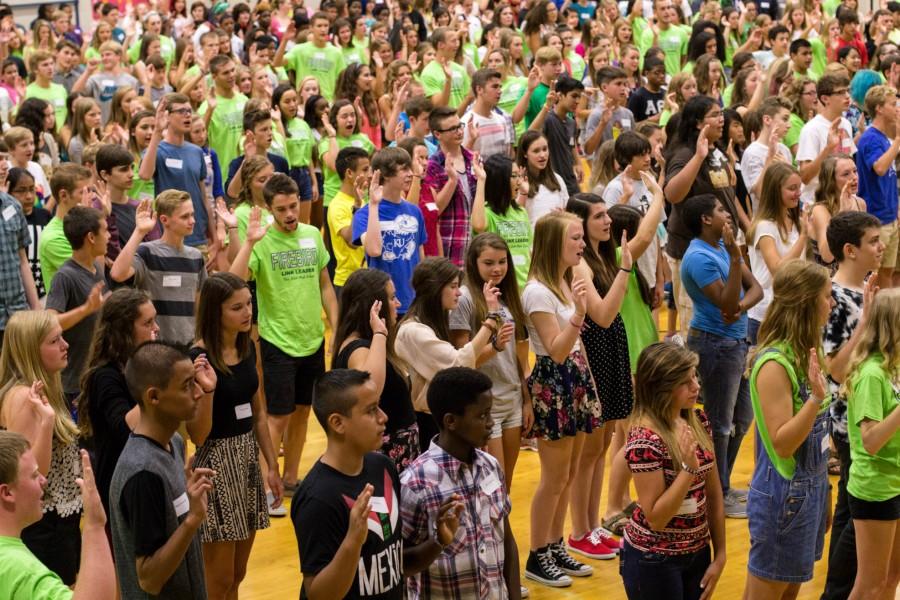 Members of LINK stand with incoming freshmen during their orientation. In the past, this would be the only time freshmen would meet with LINK, but now the groups meets throughout the school year. The Free Press staff agrees this new format be adjusted so that LINK can focus on the freshmen that are not adapting to high school as quick as their peers. 