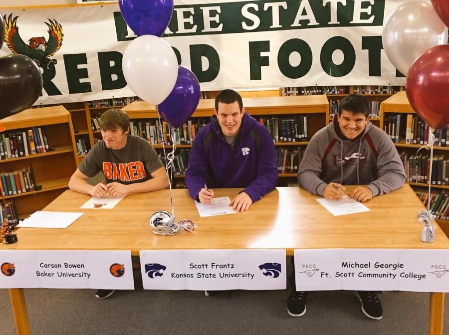 Seniors Carson Bowen, Scott Frantz, and Michael Georgie sign to play sports at their college of choice. Bowen, Frantz, and Georgie were all players for Free States football team. The positive is that we are able to recognize the accomplishments of our student-athletes and celebrate their continued participation at the college level, Athletic Director, Mike Hill, said.