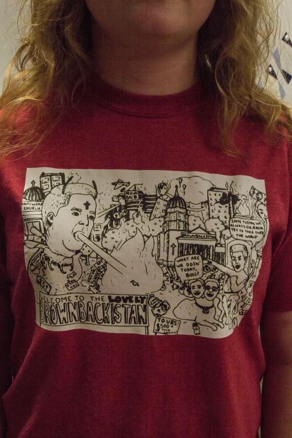 Senior Sarah Conley models her Brownbackistan t-shirt, created by Peyton Townsend.