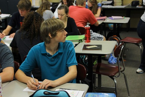 Spanish 3 student sophomore Jackson Mason pays attention while Williams explains a concept. 