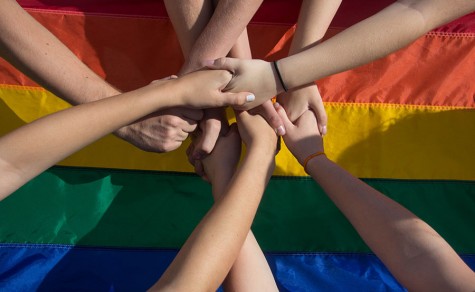 In promotion of LGBT+, students come together and support the community by holding hands in front of the rainbow flag. There have been many great strides for the community so far in 2015: the legalization of gay marriage, having both names of a same sex couple written on children's birth certificates, support through social districts, pride parades, awareness days, books being published and much more.