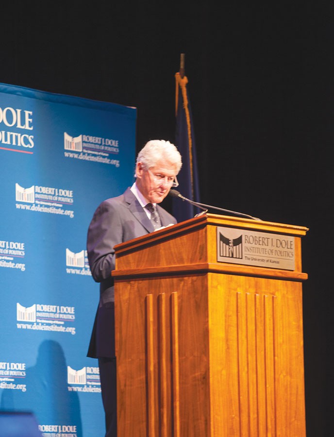 Former president Bill Clinton speaks at the Lied Center to a full house. He was presented with the Dole Leadership Prize for providing leadership that inspires others. “I always liked Clinton; I admired his intelligence,” teacher Marsha Poholsky said. “He is the only president in recent memory that had a balanced budget.”