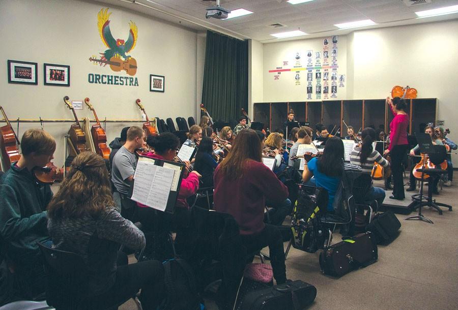 While in orchestra, junior Madeline Nachtigal practices her music on her violin. Nachtigal started orchestra in sixth grade and has been a part of it ever since then.
