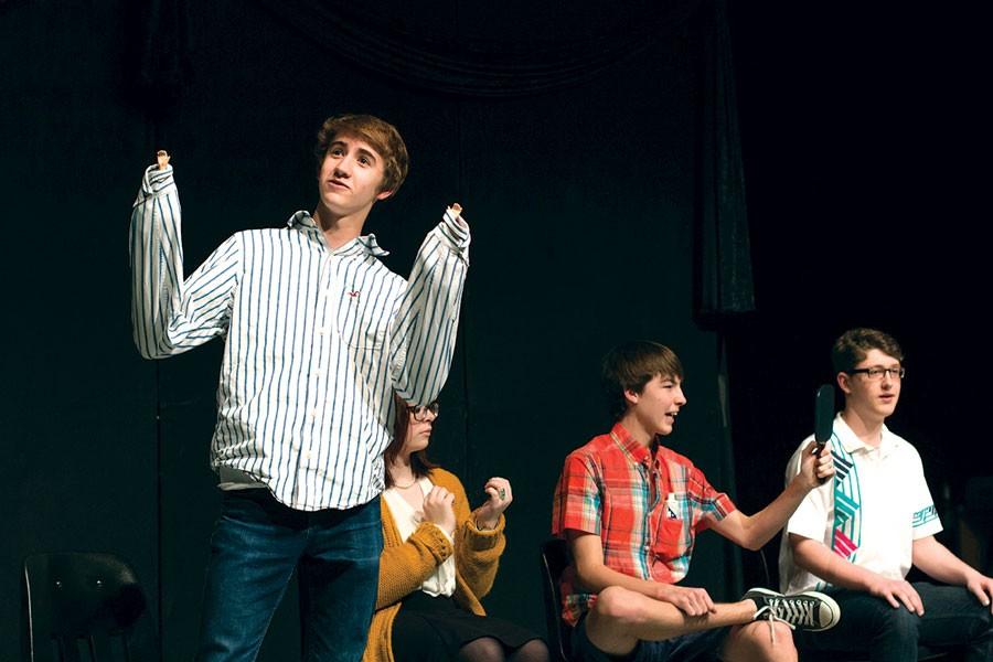 Performing “One for the Record Books,” an original play by senior Nat Hoopes, junior Ryan Leibold, sophomore Chris Pendry and sophomore Orson Becker participate in 2015’s Black Box Theater Festival. 