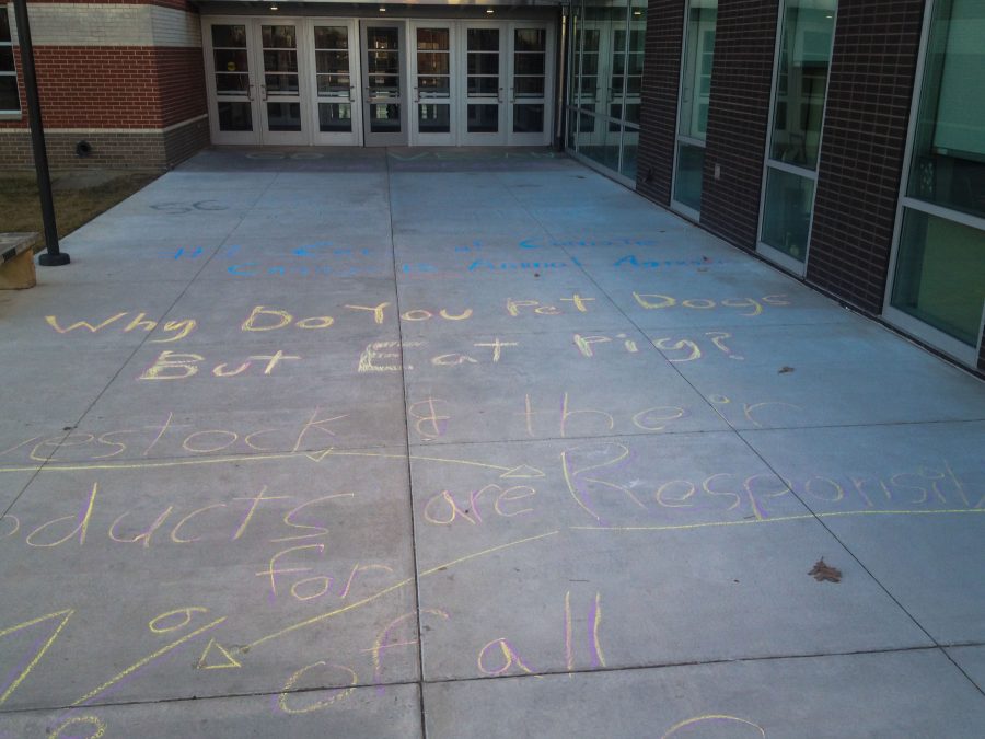 Walking+into+school%2C+students+and+staff+of+FSHS+observed+the+vegan+propaganda+written+in+sidewalk+chalk.+This+was+written+by+a+group+of+vegan+activists+in+the+building.+As+well+as+the+sidewalk+chalk%2C+they+put+up+various+flyers+with+facts+about+veganism+and+animal+rights+around+the+building.