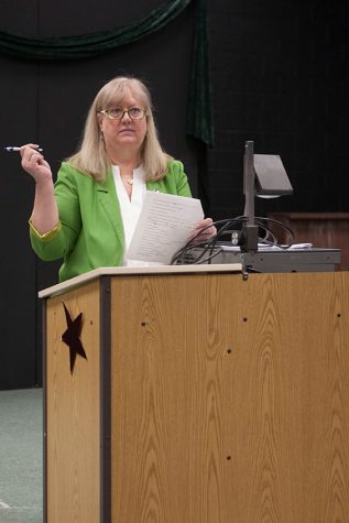 Nancee Beilgard makes a presentation in the Black Box. Beilgard teaches her english and acting classes in the Black Box.