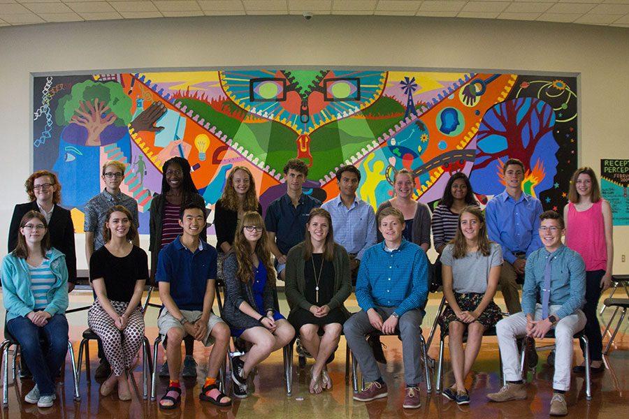 National Merit Semifinalist seniors, Erin Schel, Lane Weis, Abena Peasah, Hazel Scott, Calvin Yost-Wolff, Sayuz Thapa, Mary Reed-Weston, Tarini Singh, Ian Putz-Earl, Cailyn Zicker, Sarah Mechem, Adelaide Wendell, Jialun Wang, Paige Lawrence, Katie Lane, Jonathan Leslie, Charlotte Crandall, and Michael Braman gather to recognize their achievements. Free State had its largest number of National Merit Semifinalist 17 students in total. “I figured we would have a good number (…) it’s nice to see the kids you work with succeed,” Advisor Larry Wolf said.