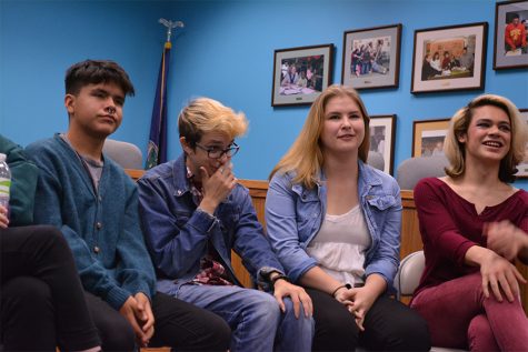 LHS student Elijah Jackson senior Lane Weis, senior Aubin Murphy, and LHS student Etana Parks discuss the problems they face during the school day due to their sexual/gender identity. There were six student representatives from both high schools on the panel.