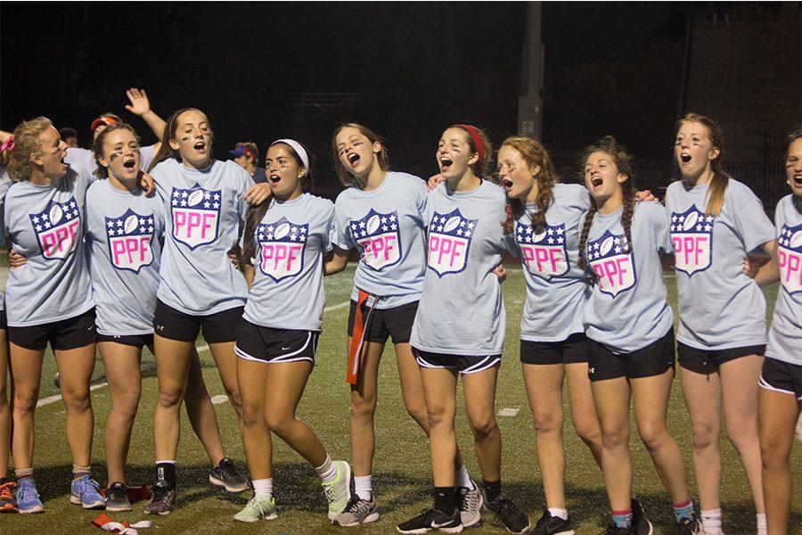 Leah Wethington, Grace Patchen, Kate Odgers, Isabel Carey, Maggie Ziegler, Erin Cushing, Kylie Hawkins, Sydni Beeley and Caroline Kirk pose for a team photo. The junior team claimed victory after the sophomore team forfeited.