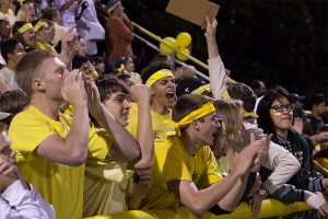 Senior Aaron Funk, Peyton Habiger, Jarod Bennett and Nate Strathman fire up the student section late in the game. The first and only goal was scored with 14 minutes left in the game.