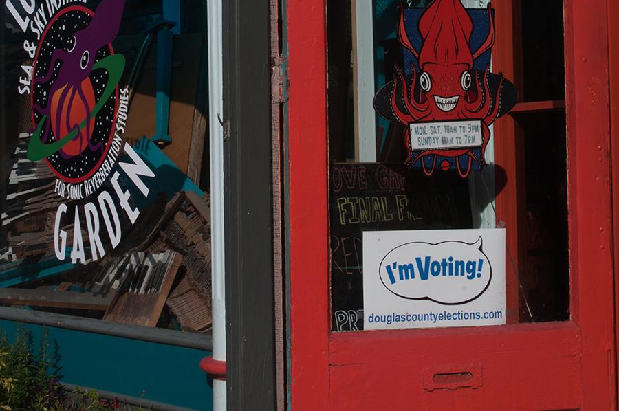 A sign promoting voting hangs in the window of Love Garden Sounds at 822 Mass. St. Douglas County voters are encouraged to go to their local polling place and participate in local, state and national elections.