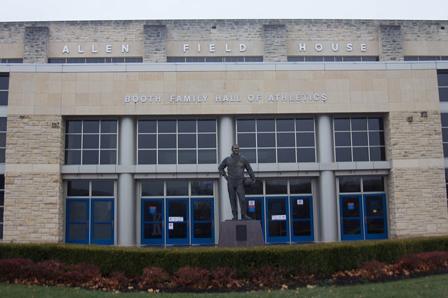 At the front of Allen Field House, the statue of Phog Allen stands to remind citizens of the history of basketball in Lawrence. Allen Field House is the home of Kansas basketball and has seen players like Danny Manning, Wilt Chamberlain and Mario Chalmers.