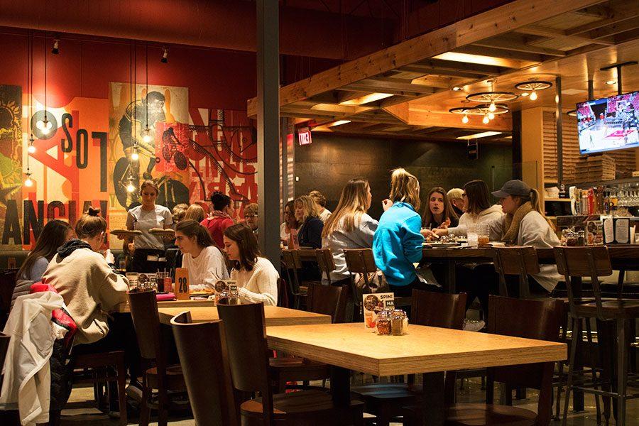 Students and customers dine in Spin!s incandescent interior. Your server will bring your beverages right over, and your food won’t be far behind. It’s pretty darn quick to the table. Spin!s website said.