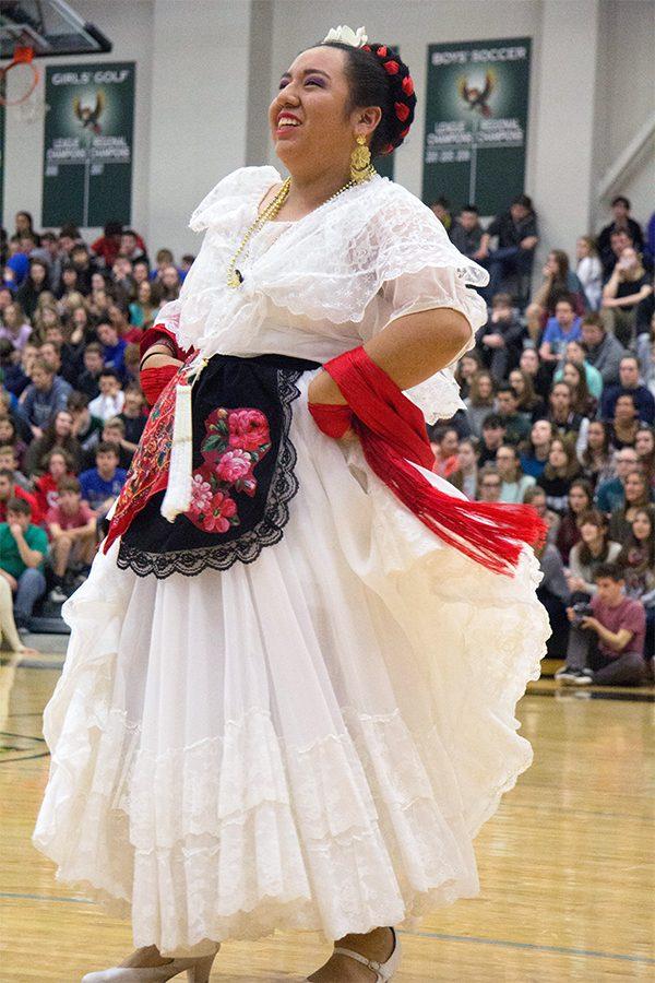 Dancing to El Canelo, senior Dacia Starr performs at the Diversity Assembly. El Canelo is a dance from the state of Vera Cruz in Mexico. The assembly was on Feb. 2 and showcased cultures within the school. 