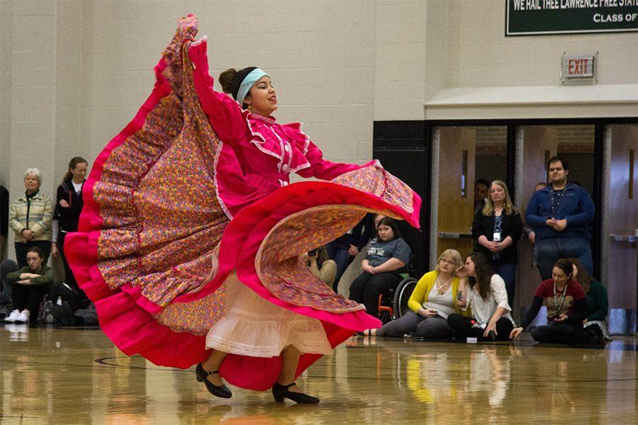 Twirling, Sophomore Mariela Martinez dances to El Ardillo, a traditional Mexican dance.