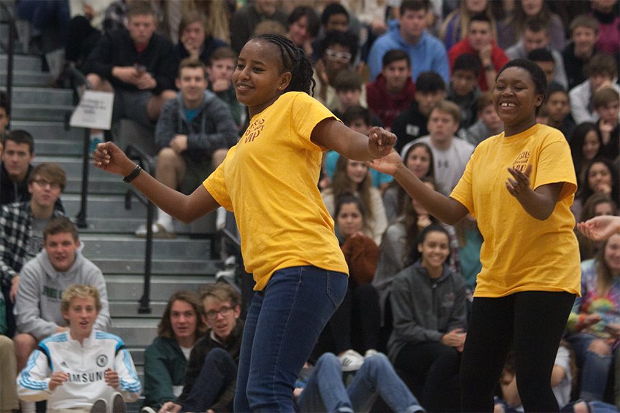  Seniors Eyerusalem Zicker and Carolyne Muriu perform the senior dance.