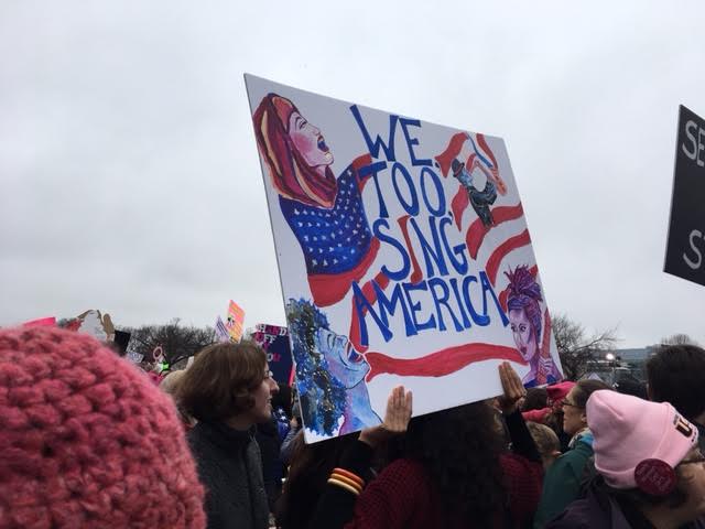 Adorned with Wonder Woman and a bright American flag, protestors in Washington, D.C. gather.