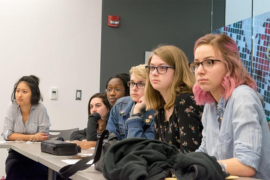 Junior Nicole Ahn, junior Juliana Wilches-Merchan, senior Abena Peasah, senior Lane Weis, senior Meredith Shaheed and senior Ella Spillman listen to club captains during the first meeting.