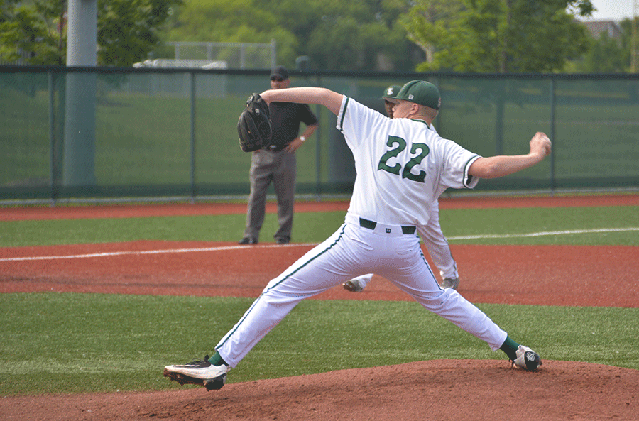 As senior Aaron Funk winds up, he prepares for the pitch. Funk has been a part of the baseball team for three years. I think we have a solid chance on making another run at the state championship, Funk said.