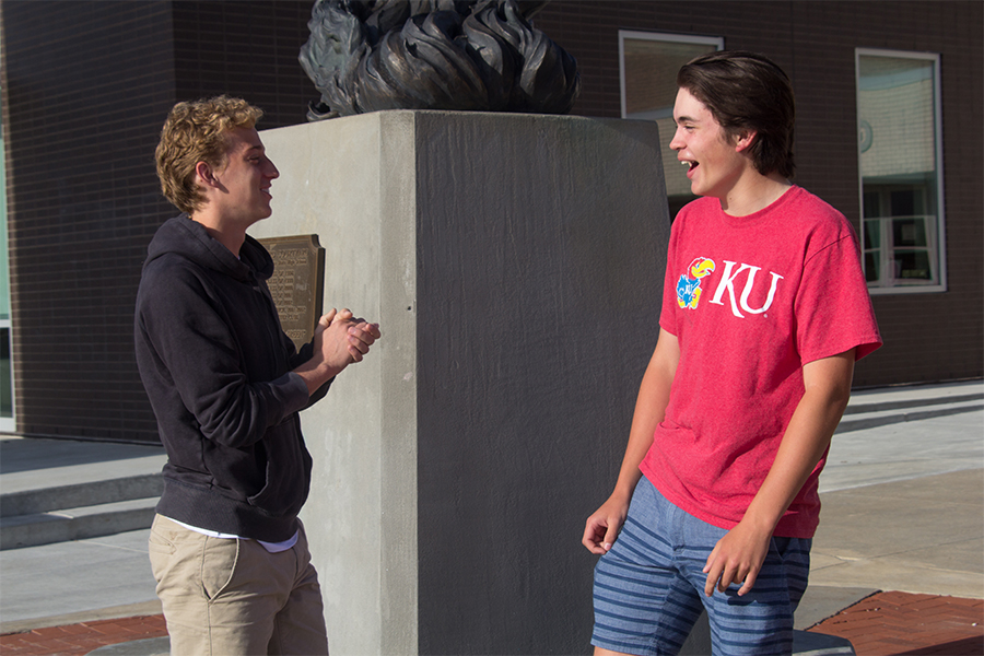 Juniors Charlie Newsome and Will Cook laugh in front of the Firebird statue. The two were elected Student Body Presidents for the 2017-18 school year.
