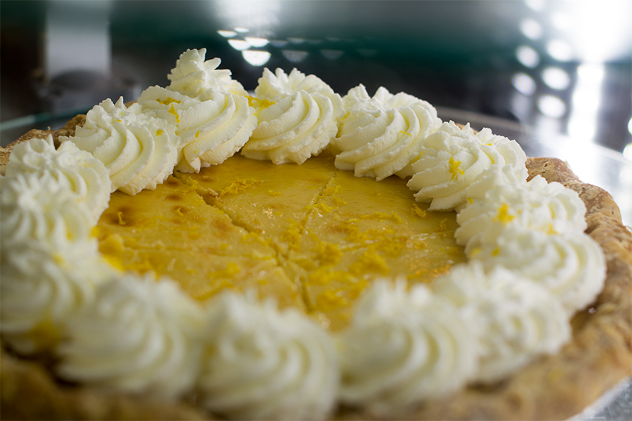 Lemon cream pie is cooled in the refrigerated display case. Cream pies take considerably less labor than the fruit pies according to Heriford.