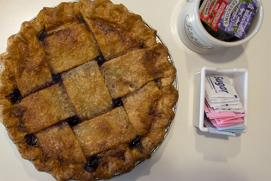 A blackberry pie sits on the counter. All fruit fillings were made in house at Ladybird.