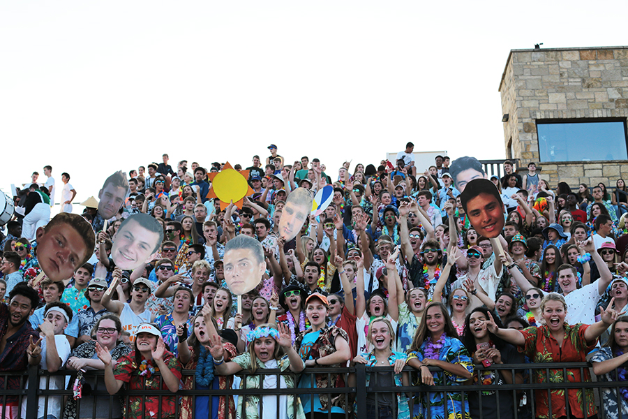 Minutes before kickoff, the student section shows excitement. Their cheer never faltered in the 49-0 win against Shawnee Mission South.