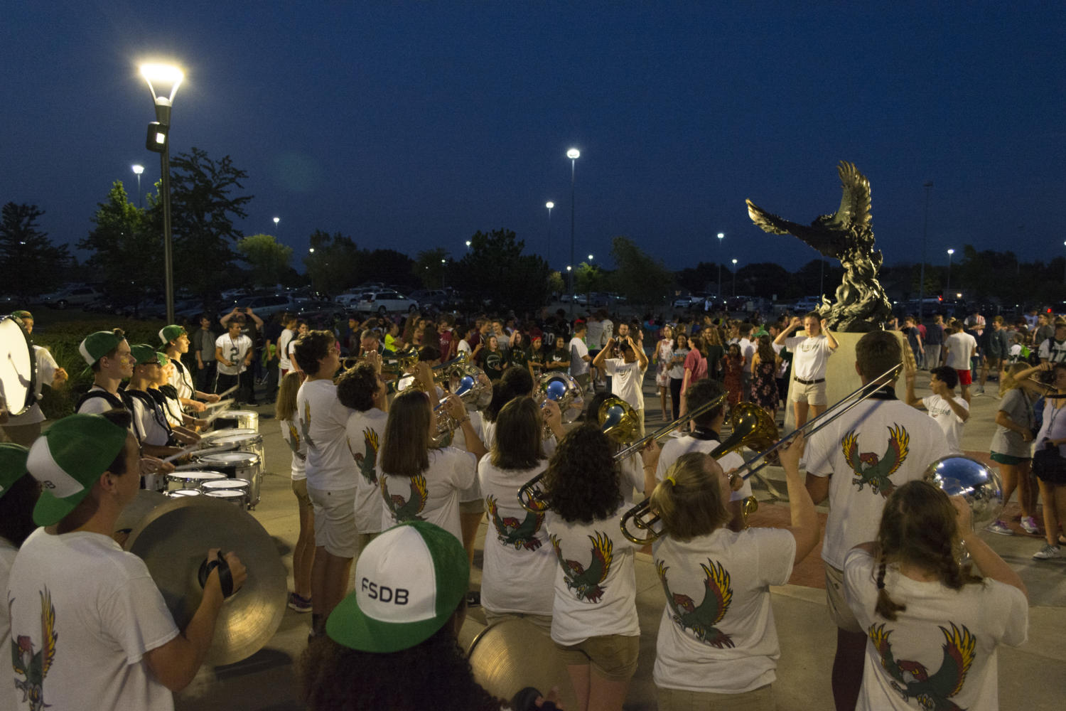 The Free State marching band performs at the bonfire. The band performance followed a show by the student band Oxford Remedy.