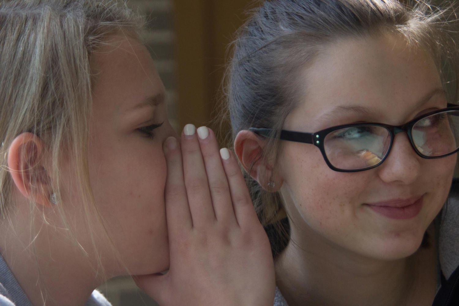 Sophomores Jordan Collins and Fiona Swaggerty sharing a secret. If students have something they need to share they can speak to an adult such as the school nurse. 