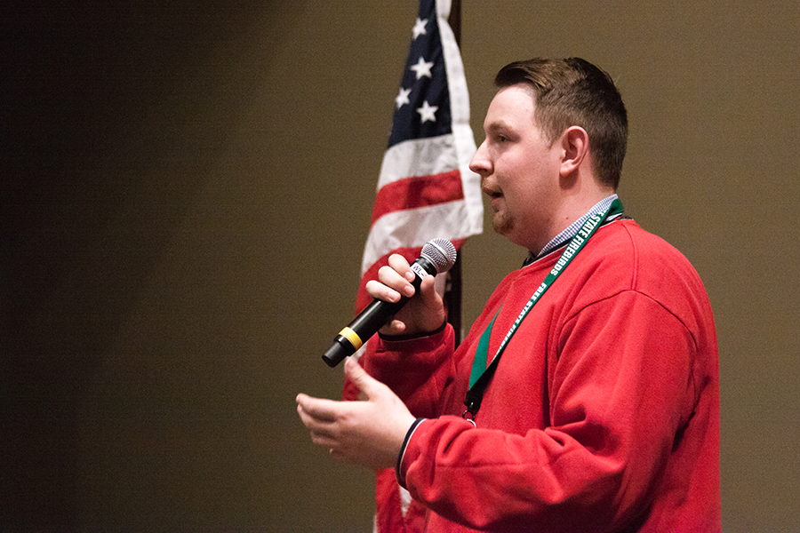 Ethan Randleas stands before the crowd at the assembly on October 19th. He is a libertarian running on a republican ticket. “Not a lot of people are going to agree with me, and I am okay with that.” Randleas said.