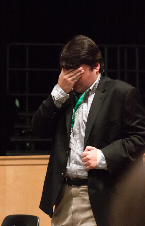 Candidate Jack Bergersen gets stumped while responding to a question during the second assembly. I wanted to get the younger generation get involved in politics and engage the younger generation, Bergersen said.