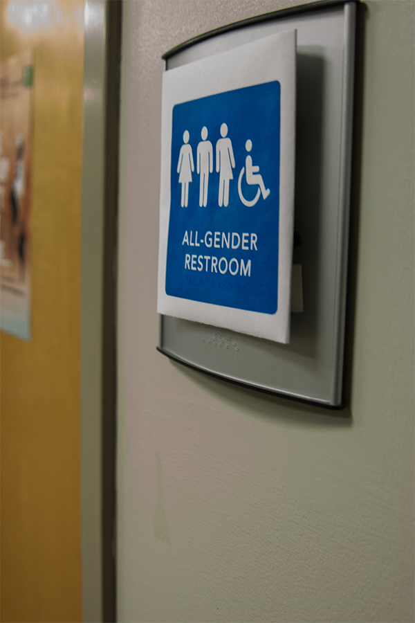 Labeled with a sign marking the change to who can access the bathroom, the all-gender bathroom is available in the 400 hallway.