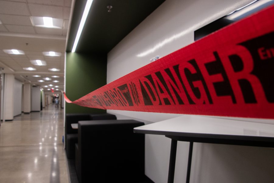 A learning pod is taped off so that students understand they should refrain from using the area to do work. One of the many changes to the school includes the change to students’ access to out-of-classroom learning spaces. In order to adapt to COVID-19 safety guidelines, students will spend most of their time working within the classroom instead of in these learning environments. 
