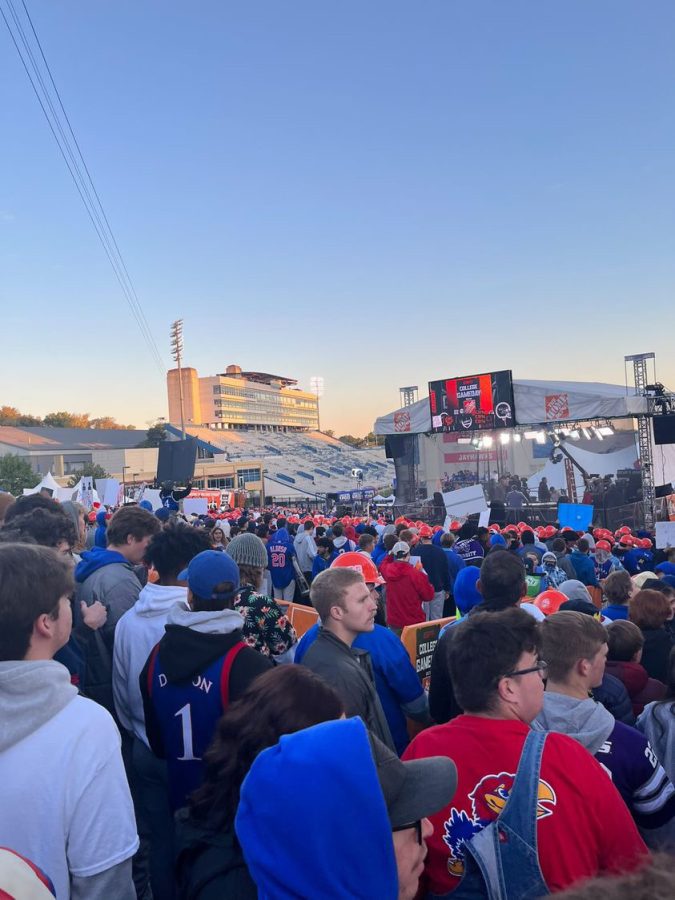 University of Kansas football fans gather on Memorial Campanile for ESPN College Gameday.
