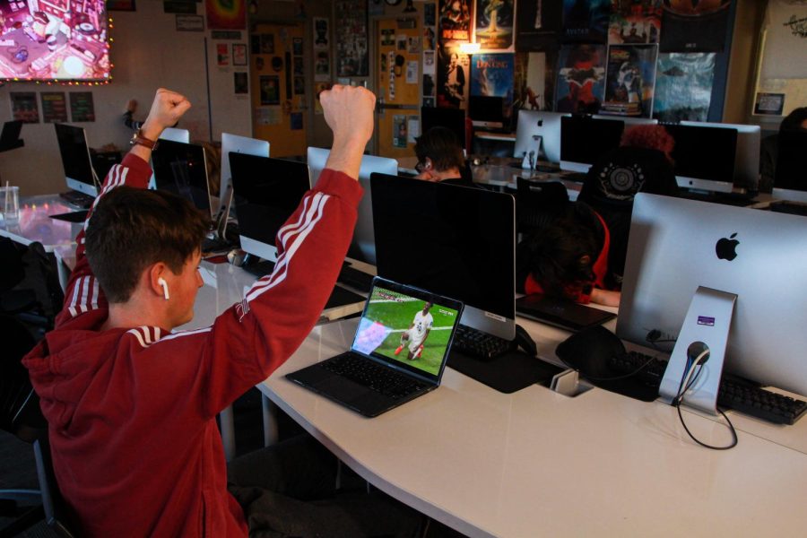 Junior Greyson Heiman, watches a world cup game during class. On Tuesday Nov. 29, the United States played Iran during school. 