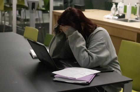 Head buried in their hands, junior Brynn Cordova stresses over assignments. With finals fast approaching, Cordova has begun to set aside time to study. “My hardest final is math, but I’m very confident I will pass it because of the hours I will dedicate to studying,” Cordova said.