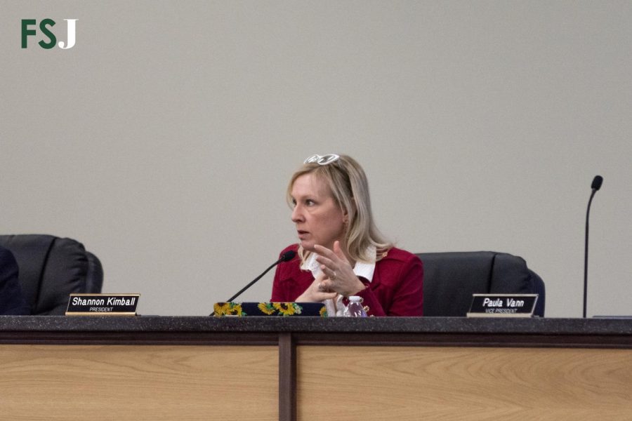 USD 497 Board of Education president Shannon Kimball, speaks at last nights board meeting. 